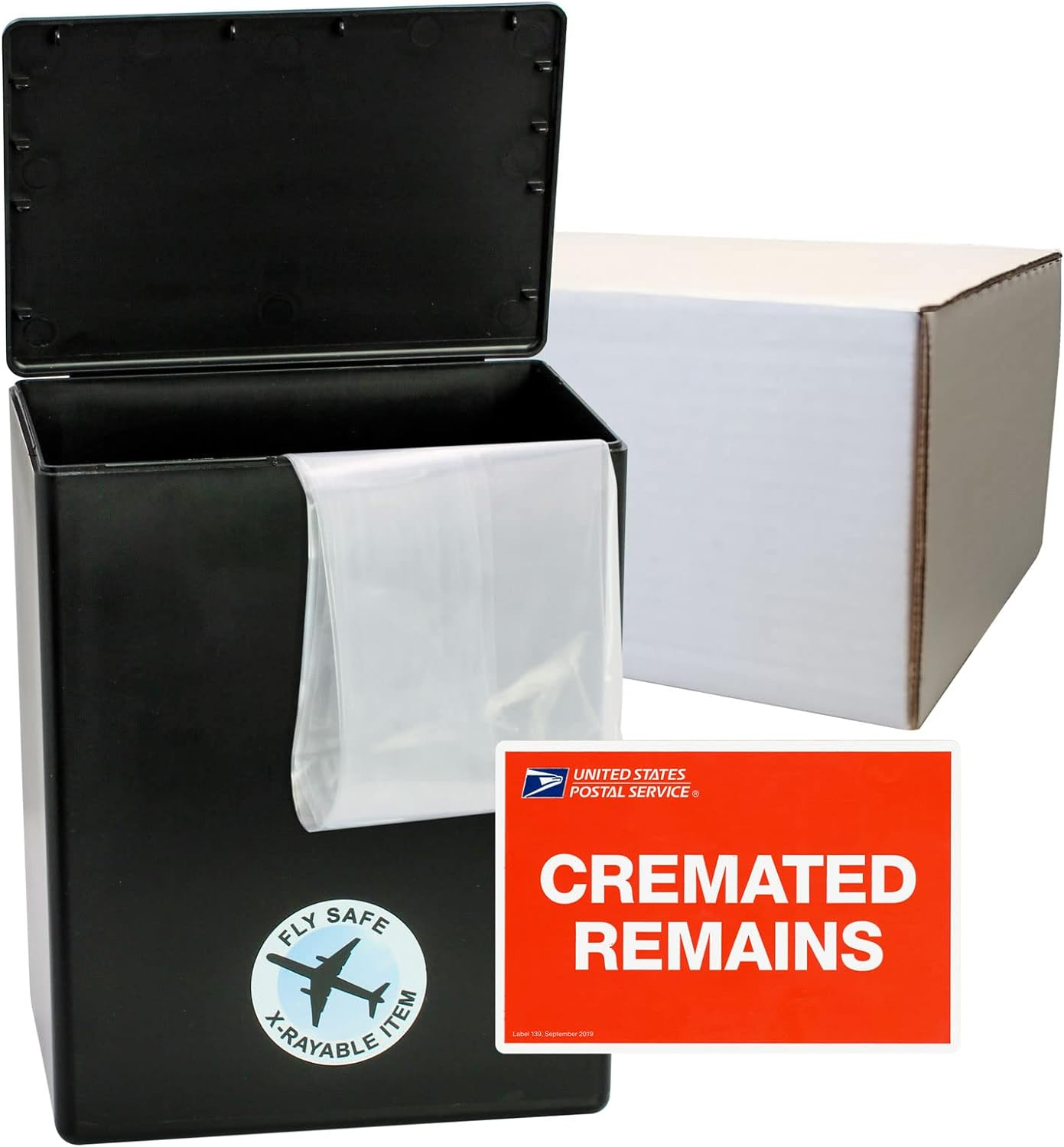 TSA Approved Fly-Safe and Temporary Travel Cremation Urn Kit for Human Ashes - Airline and Mail Friendly - 192 Cubic Inch Capacity - Airline-Ready Black Plastic Urn with Included Mailing Box