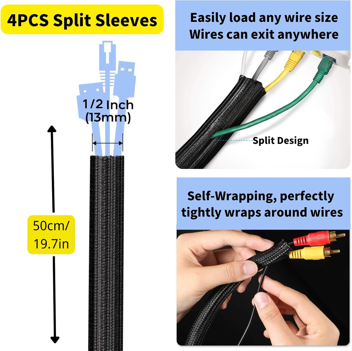 [313 Pcs] Cable Management Kit, 67 Adhesive Cable Clips, Desk Cord Organizer, 22 Reusable Cable Strap, 4 Cable Sleeve Split, 200 Nylon Cable Zip Ties with 20 Mounts for TV Office Home, Black image number 4