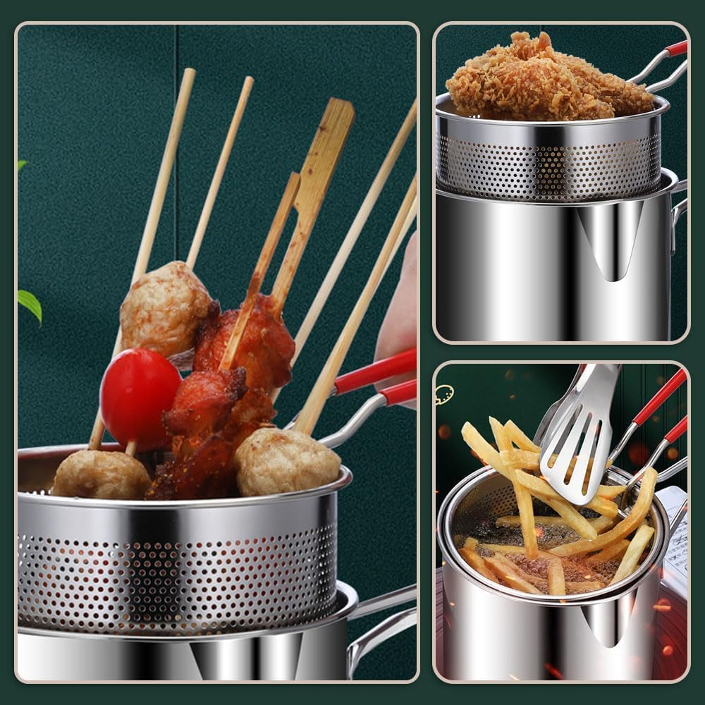 304 Stainless Steel Grease Strainer Pot & Oil Filter Container - 2.0L Large Capacity Deep Fat Fryer with Fine Mesh Basket, Frying Net & Heat-Resistant Handle for Kitchen,Frying image number 4