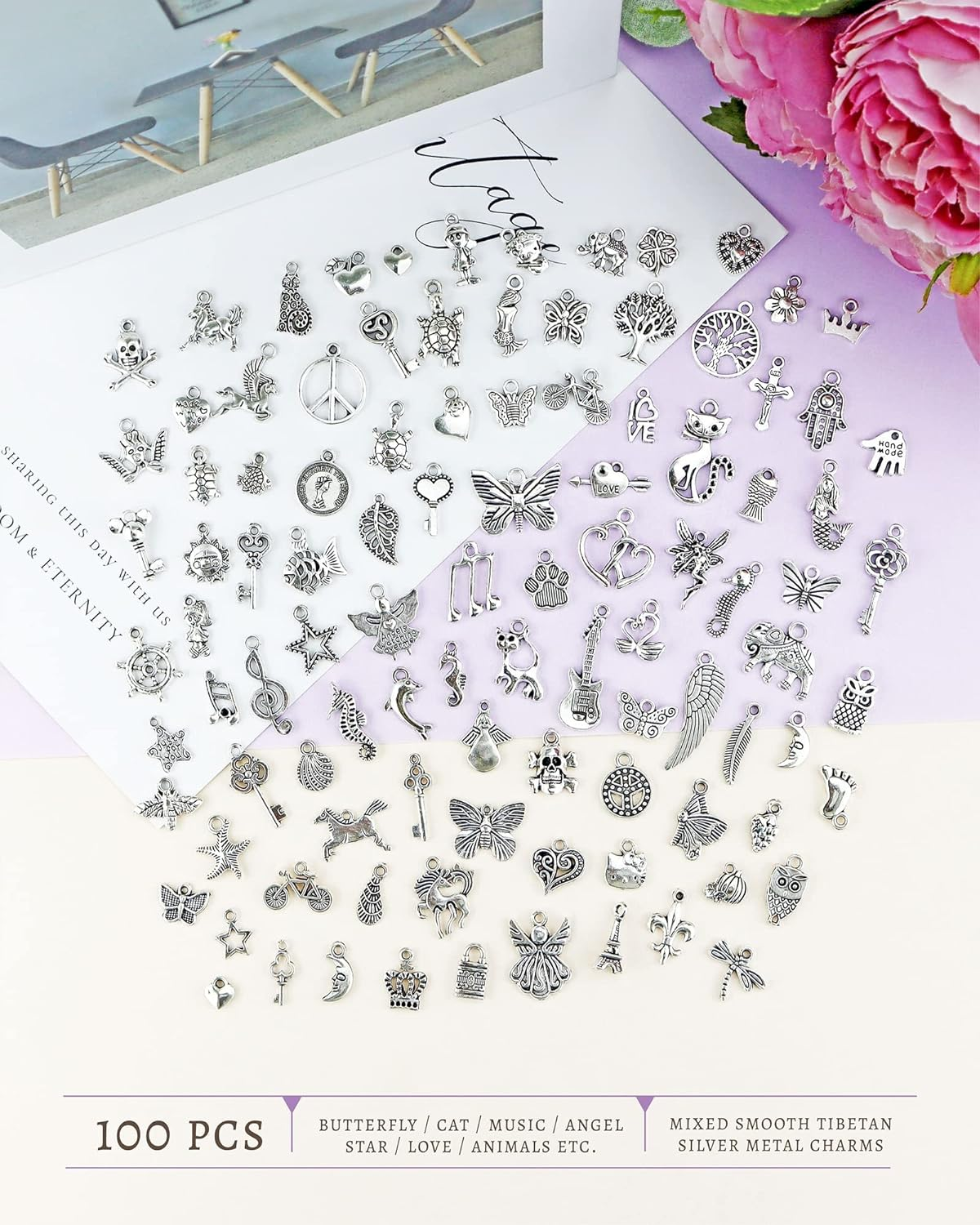 Wholesale Bulk Lots Jewelry Making Silver Charms Mixed Smooth Tibetan Silver Metal Charms Pendants DIY for Necklace Bracelet Jewelry Making and Crafting JIALEEY 100 PCS