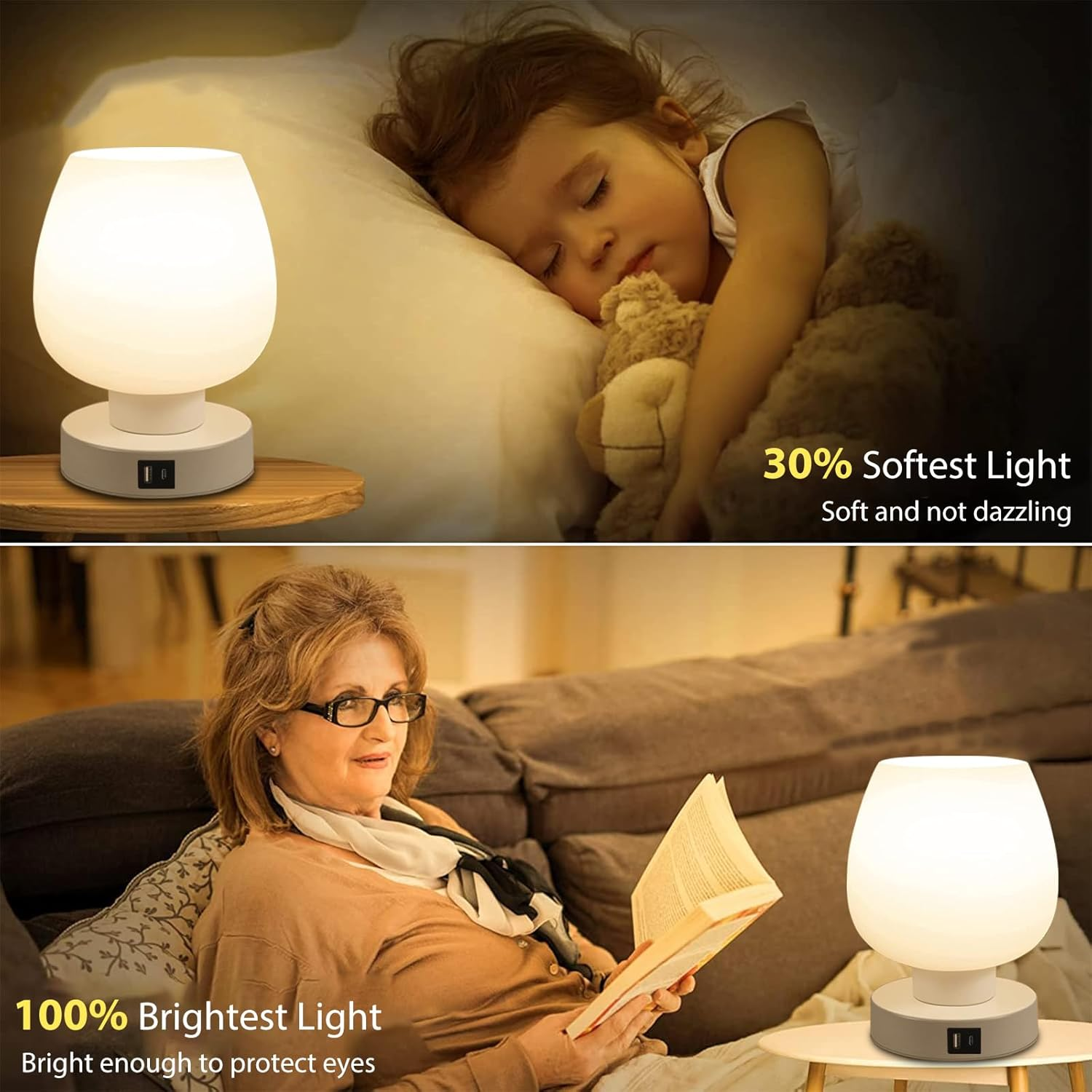 Touch Bedside Table Lamp with 2 USB Charging Ports, 3 Way Dimmable Bedside Lamp with White Opal Glass Lamp Shade, Touch Table Lamp for Bedroom Nightstand, Living Room, Dorm, Home Office image number 2