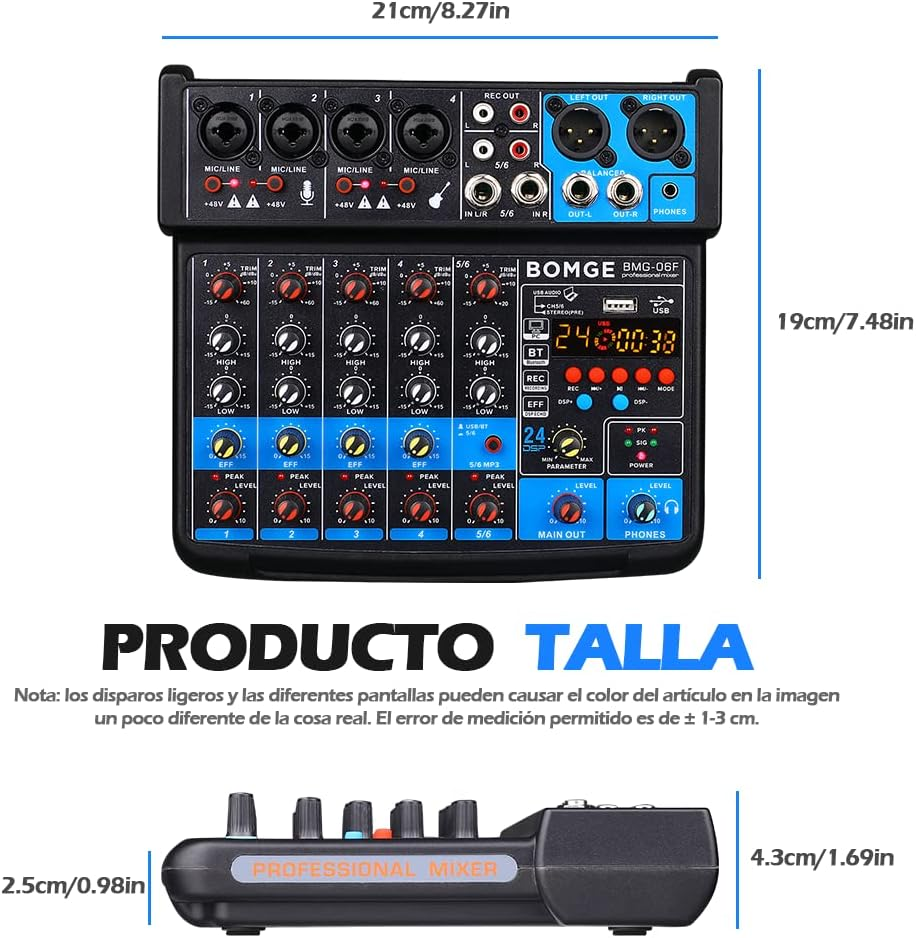 BOMGE 6 Channel Mini DJ Audio Sound Mixer Console with USB Interface, Bluetooth, Stereo Recording, 48V Phantom Power, 24 DSP Effects for Karaoke, Singing, Live，Streaming，Pc Recroding. (BLACK) image number 3