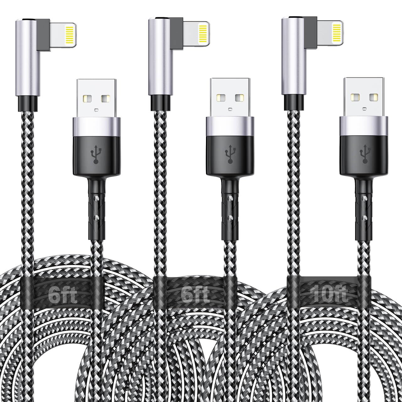 Long Iphone Charging Cable, [3Pack 2M+2M+3M] 90 Degree Right Angle USB a to Light Ning Cable, Nylon Braided 6FT 10FT Long Fast Charger Cord for Iphone 14 13 12 11 Pro Max Xs Xr X 8 7 6 plus SE Ipad