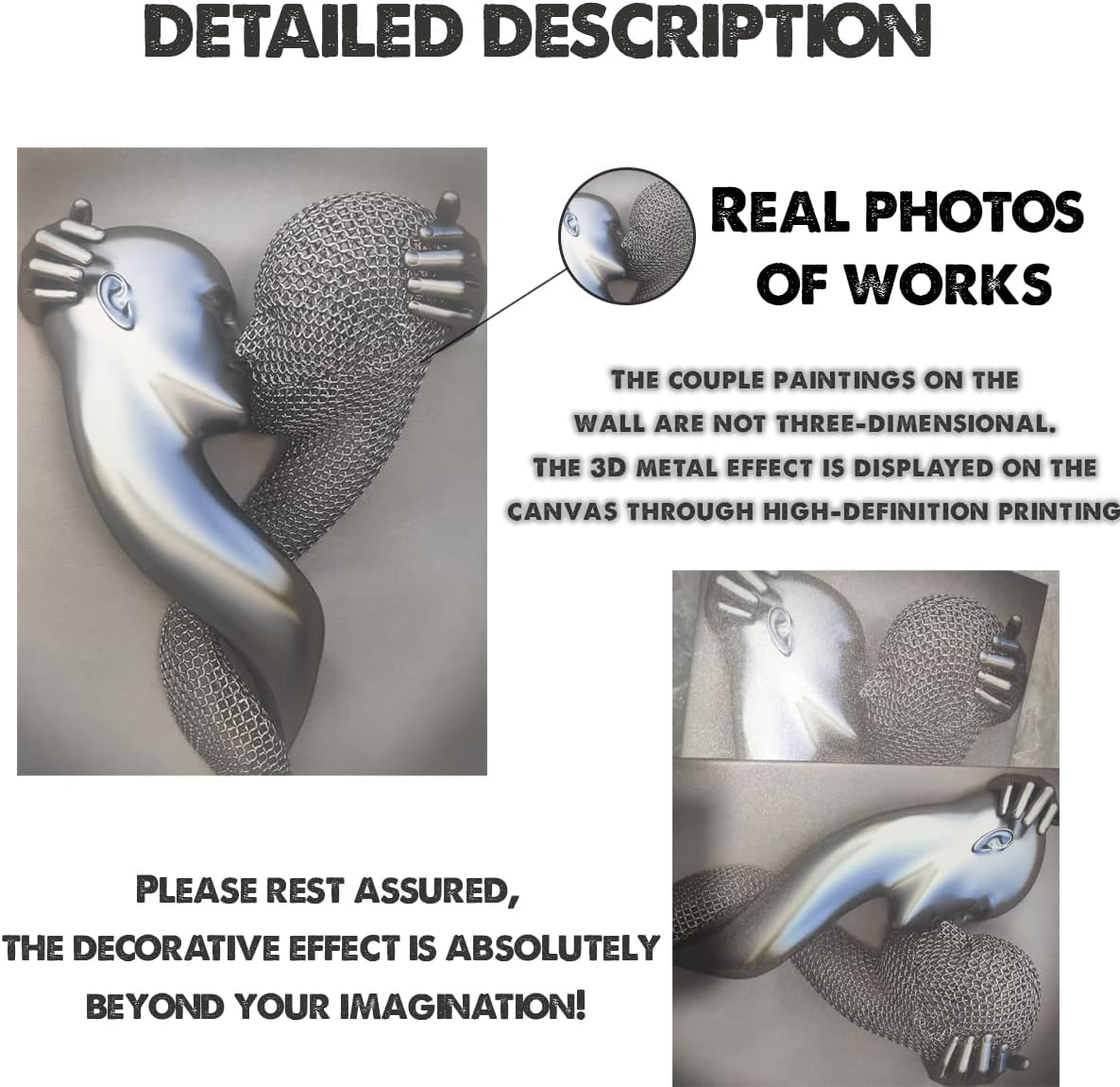 Framed Wall Art for Bedroom 3D Metal Effect Love Heart Couple Wall Art Decor for Living Room 3 Pieces Modern Abstract Grey Black and White Canvas Prints Poster Pictures Paintings for Wall Decorations image number 2