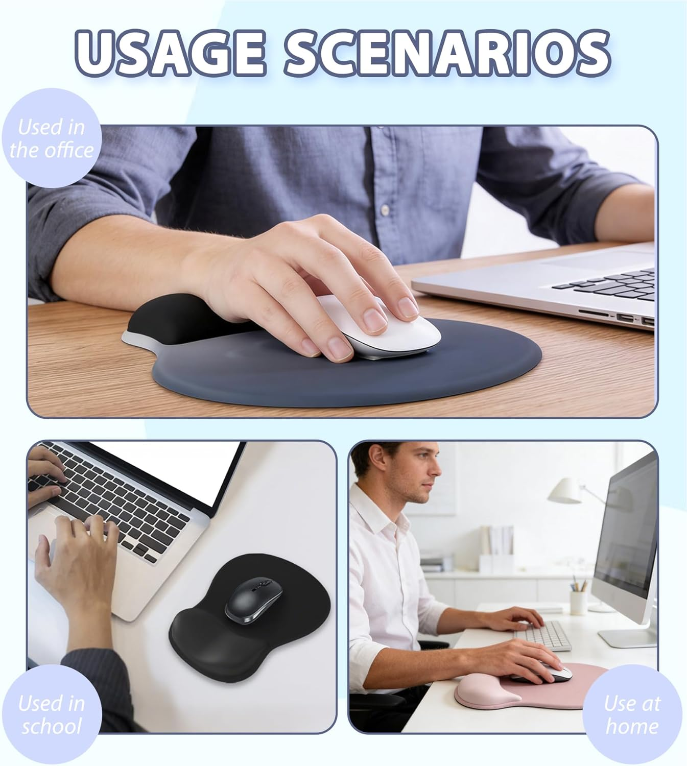 Mouse Pad with Wrist Support, Ergonomic Mousepad with Memory Foam Rest, Non-Slip Base Laptop Accessories for Gaming and Office, Smooth Surface Mouse Mat, Ultra Thin 4Mm Design (Pink) - Blue-Black image number 5