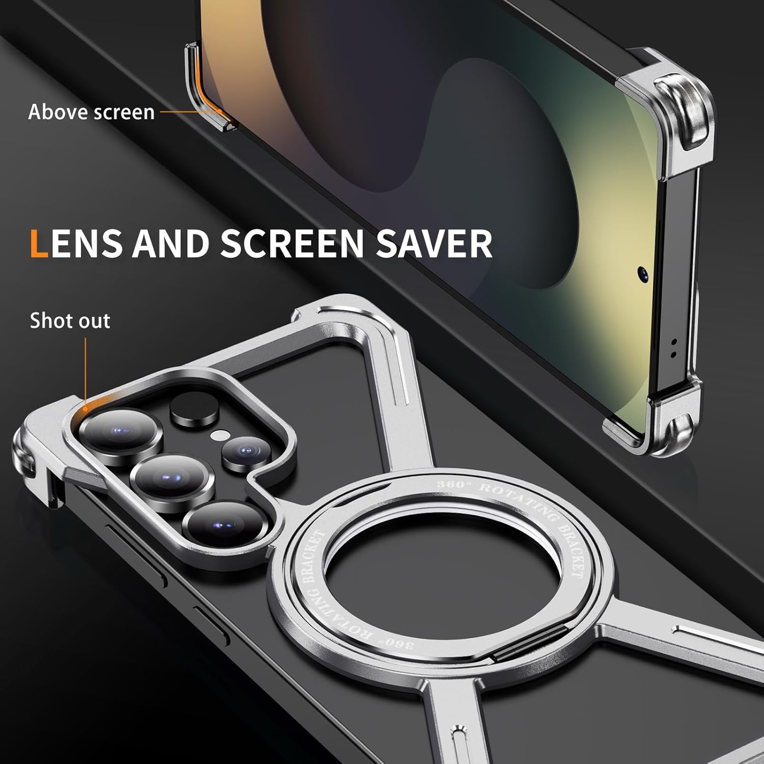 QIWEIQING Skeleton Case for Samsung S25 Ultra, Military-Grade Protection Magnetic 360&deg;Ring Kickstand Compatible with Magsafe Titanium Shockproof Bumper Cover for Galaxy S25 Ultra, Silver THJ image number 6