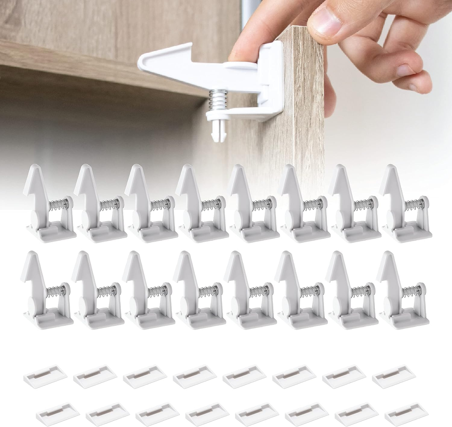 Acemedia12/16Pack Cabinet Locks, Child Safety Latches - Baby Proofing Cabinets and Drawer Locks - 3M Adhesive - No Drilling & No Tools Required - Child Proof Your Home (16White) image number 1
