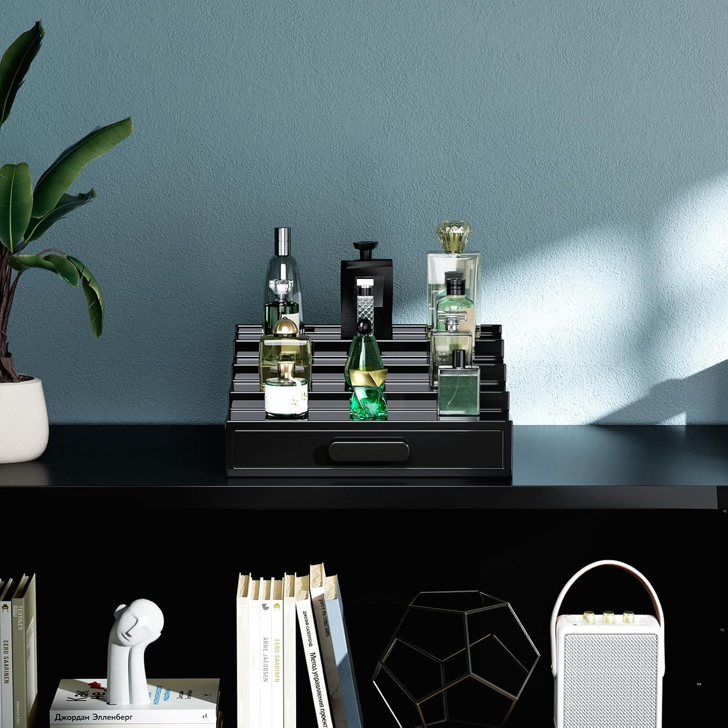 Procase 4 Tiers Lacquered Finish Wooden Cologne Organizer for Men, Perfume Display Stand Shelf with Drawer, Men'S Cologne Storage Rack, a Perfect Cologne Holder for Men -Black image number 3