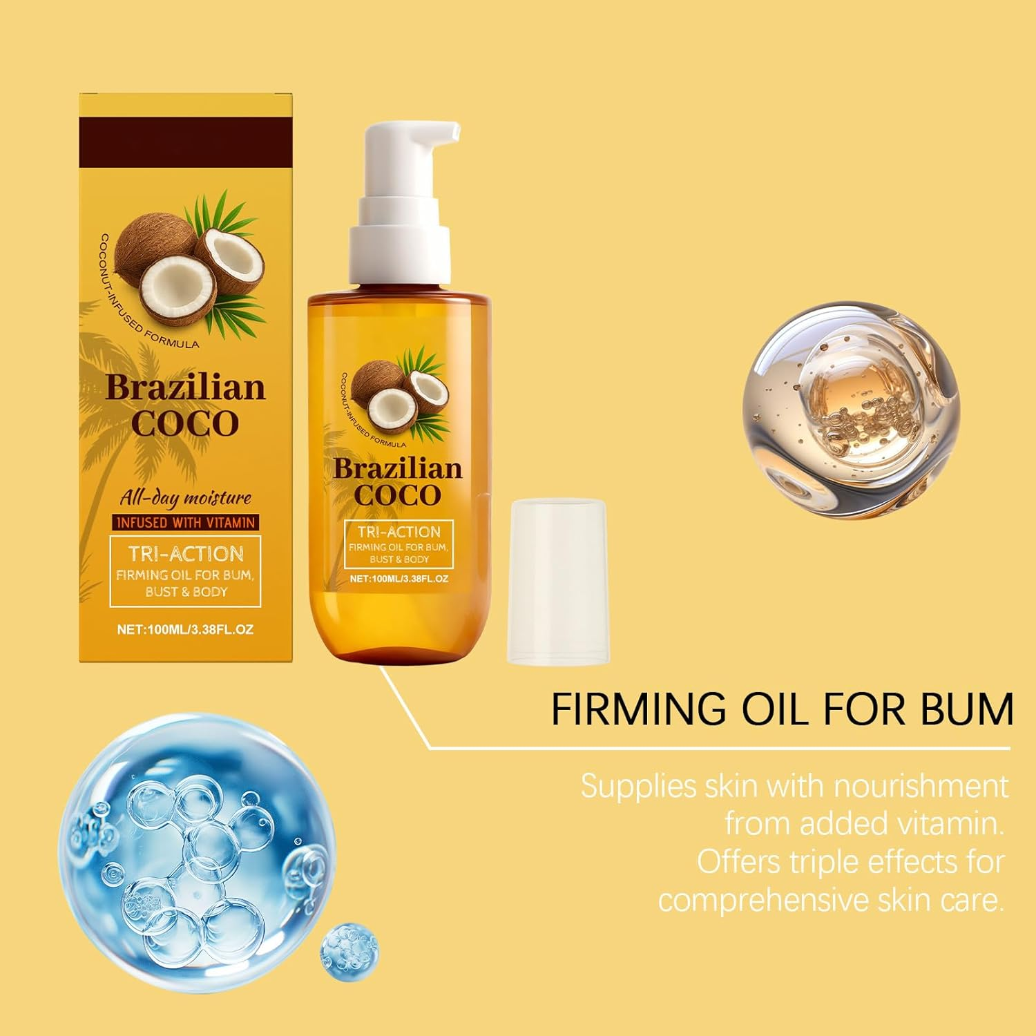 Brazilian Coco Firming Body Coconut Oil for Dry Skin, Hands with Curcuma Longa Extract, Vanilla Moisture Drenching, Radiant Looking Glow Skin Hydration, Instant Absorption image number 2