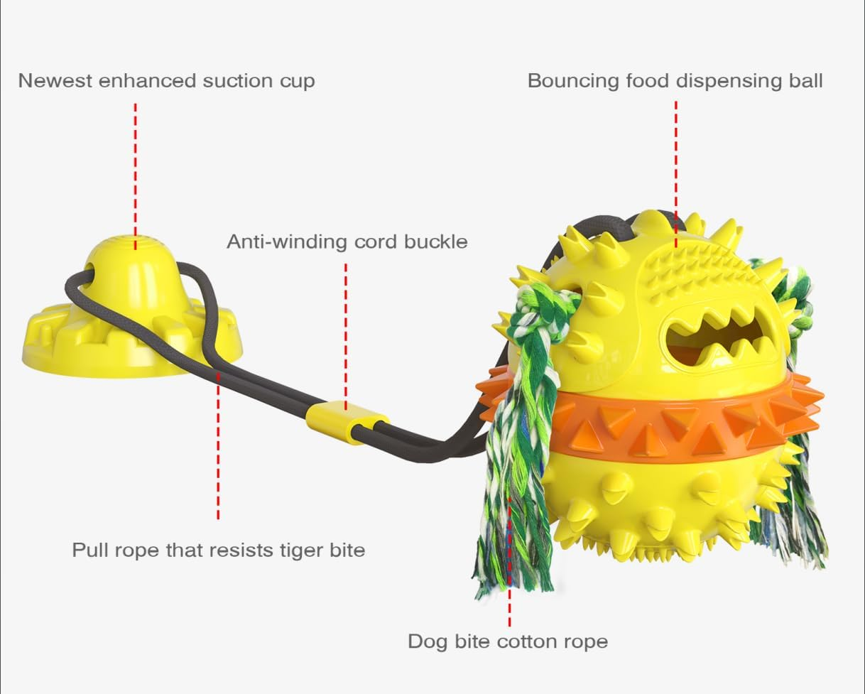 CYBERNOVA Interactive Dog Toy for Aggressive Chewers,Puzzle Treat Food Dispensing Ball Toy,Suction Cup Dog Toy Tug of War (Yellow) image number 5