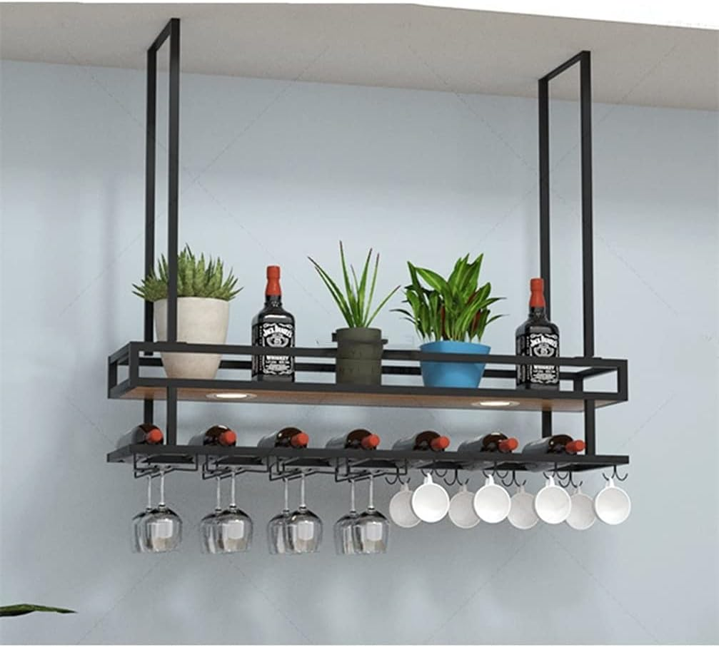 Ceiling Wine Glass Racks Industrial Vintage Metal Bar Wine Glass Hanging Rack Upside down Wine Glass Rack Floating Shelf for Home Kitchen (Color : Black, Size : 80 * 30 * 80Cm) image number 5