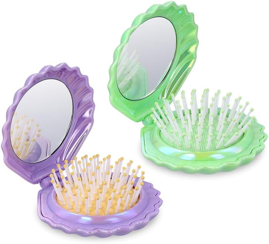 2Pcs Shell Shape Pocket Hair Brush with Mirror,Folding Travel Hair Brush with Mirror,Shell Shape Pocket Hair Brush with Mirror Folding Hair Brush Portable Cute Hair Massage Comb Mini Hair Brush
