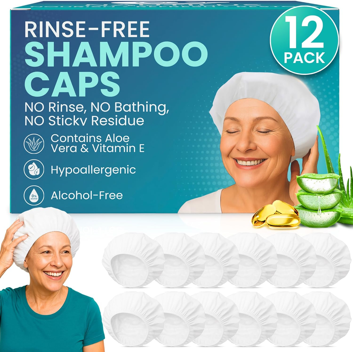 No-Rinse Shampoo & Conditioner Shower Cap &ndash; Waterless Hair Washing for Elderly, Bedridden, Hassle-Free Microwavable Hair Washing Cap Infused with Aloe & Vitamin E &ndash; 12-Pack image number 4