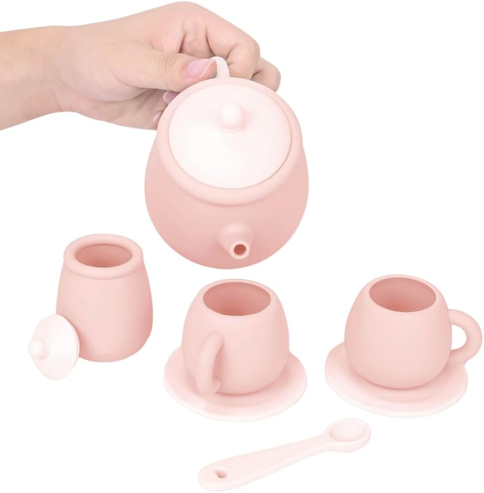 11 Piece Silicone Toy Tea Set - Teapot, Teacups & Saucers, Spoons, Sugar and Milk Jug - Pretend Play for Babies and Toddlers (Pink) image number 4