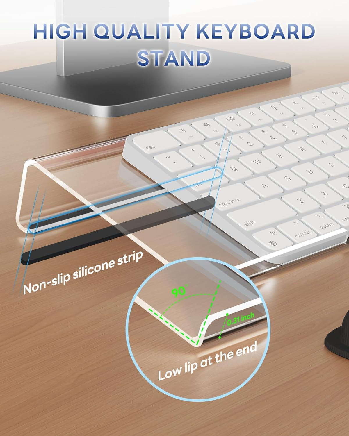 Computer Keyboard Stand & Wrist Rest Acrylic Tilted Keyboard Holder, Ergonomic Keyboard Wrist Rest with Anti-Slip Base for Office Desk, Home, School (Clear) image number 6