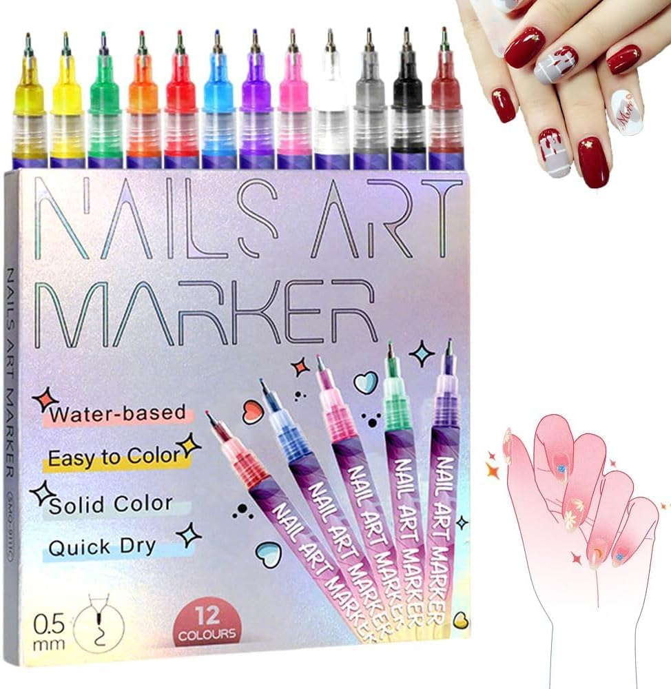 12-Color Nail Pen Set, Entiretotal 12 Colors Pens Set, Quick Dry Nail Pens, Nail Art Marker Drawing Painting Liner Pen 3D Nail Polish Pens Quickly Dry Nail Art Nail DIY Decoration
