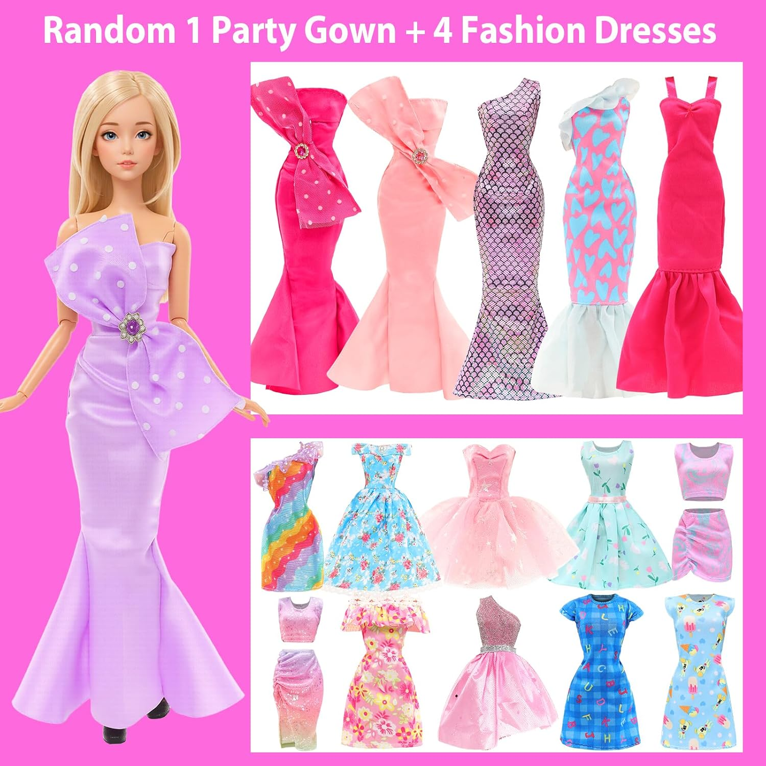 Bartoies Fun 85 Pcs Doll Accessories: 12 Fashion Dresses 3 Party Gowns 4 Outfits 3 Swimsuits Bikini with 63 Accessories for 11.5 Inch Dolls(No Doll) image number 5