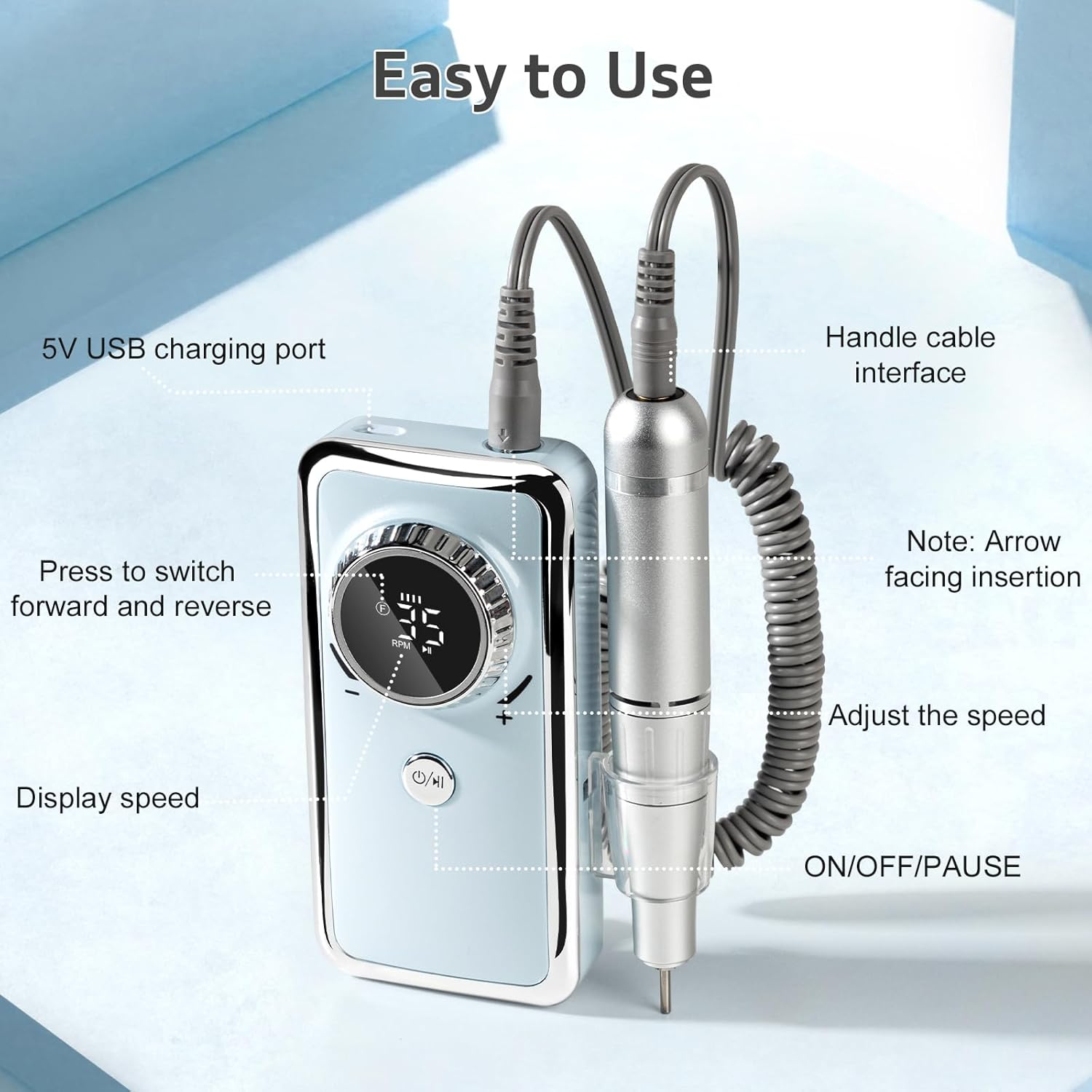 Madenia Professional Rechargeable Nail Drill: Electric Nail Files Portable USB E File for Acrylic Nails Gel, 35000RPM Adjustable Speed Electric Manicure and Pedicure Set with 6 Drill Bits,Blue