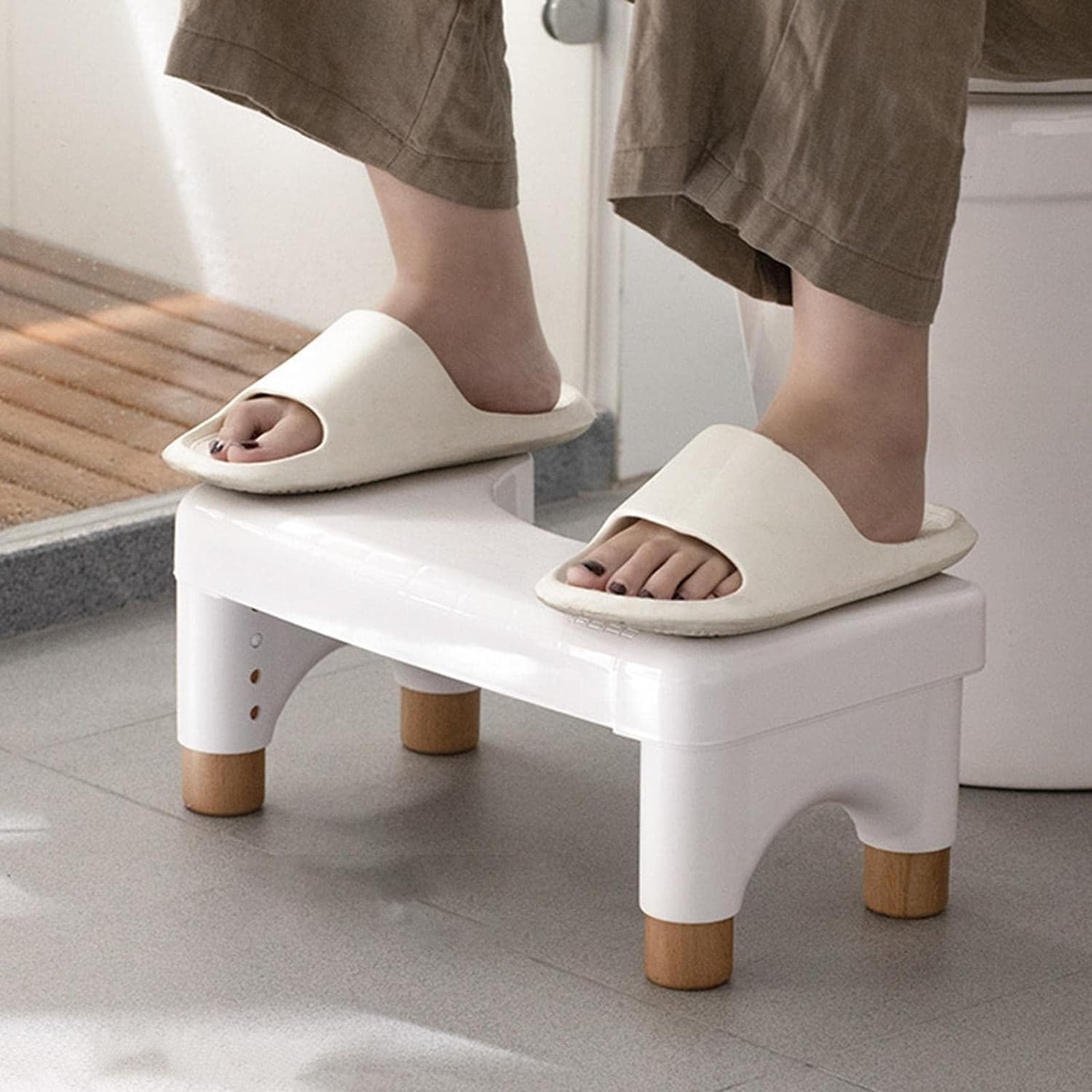 Height Adjustable Toilet Stool for Adults and Kids - Bathroom Step Stool, Heavy Duty Squatting Poop Aid, Anti-Slip Waterproof Foot Potty - Wood Highlight