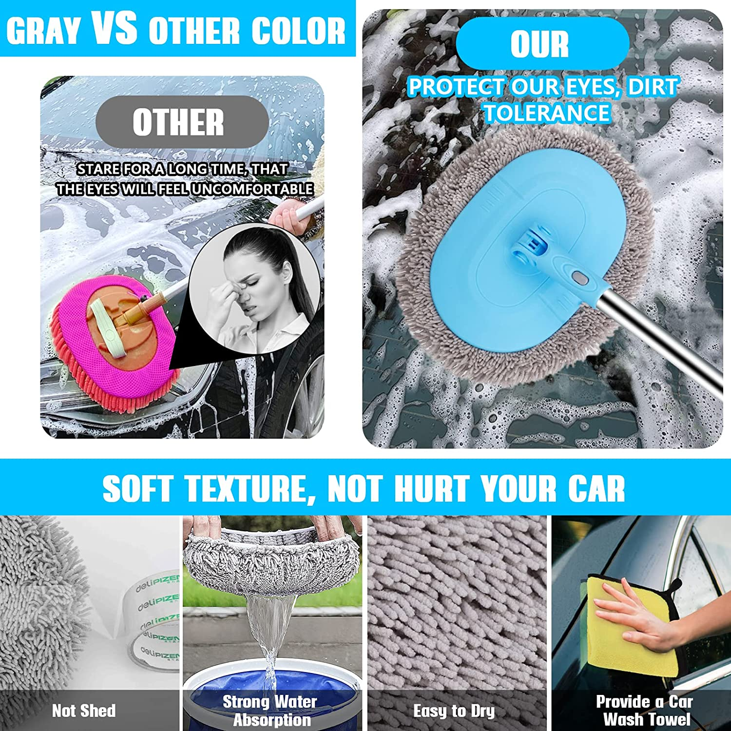 Beedove 64'' Car Wash Brush Mop Kit, 180&deg; Rotatable Microfiber Car Cleaning Kit with Long Handle, Chenille Car Wash Mop Cleaning Tool Kit for Clean RV SUV Truck Household image number 1