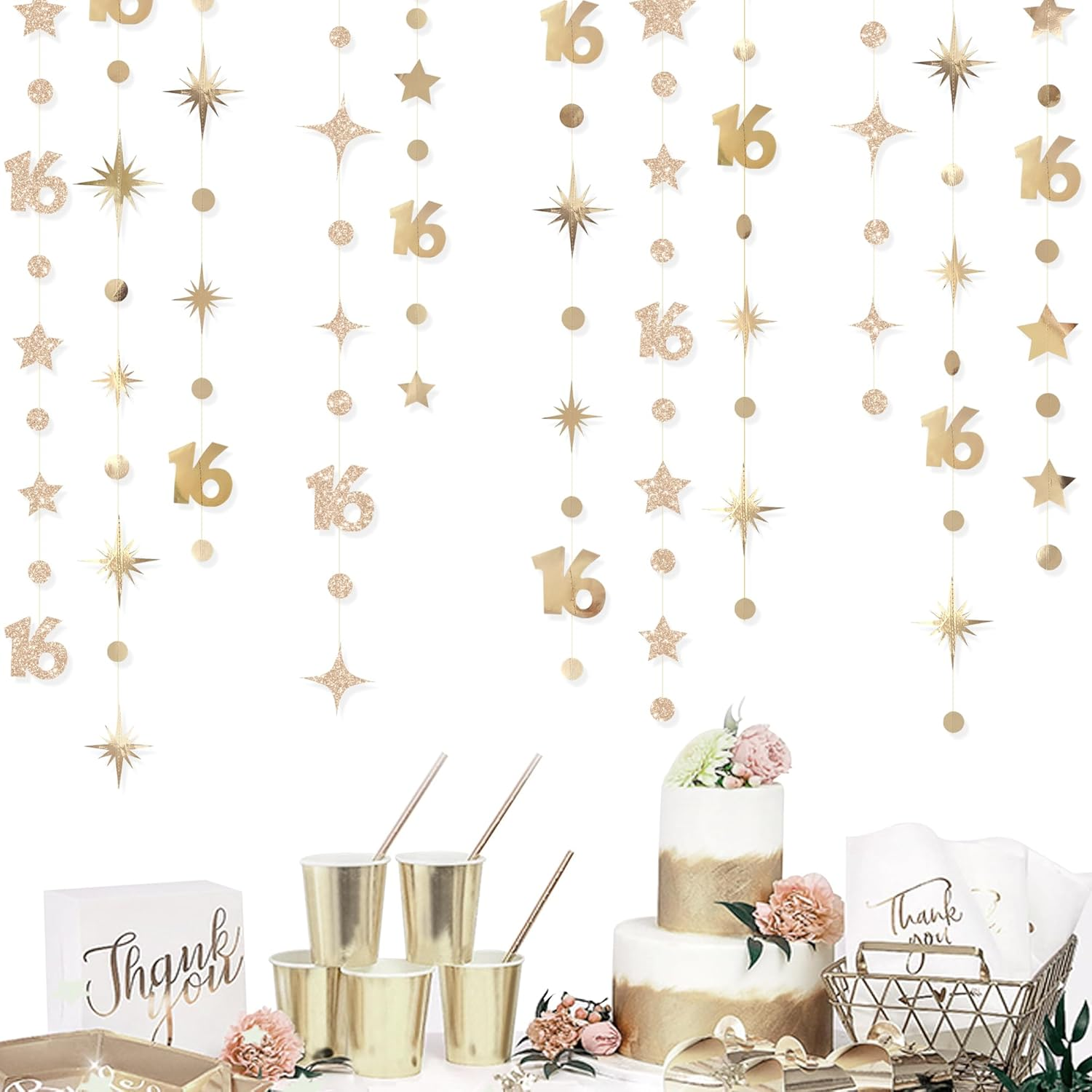 Champagne Gold 16Th Circle Dot Star Garland Streamer Champagne Gold Metallic Glitter Paper Number 16 Hanging Banner for Sweet 16 Years Old Sixteen Birthday 16Th Anniversary Party Decorations Supplies
