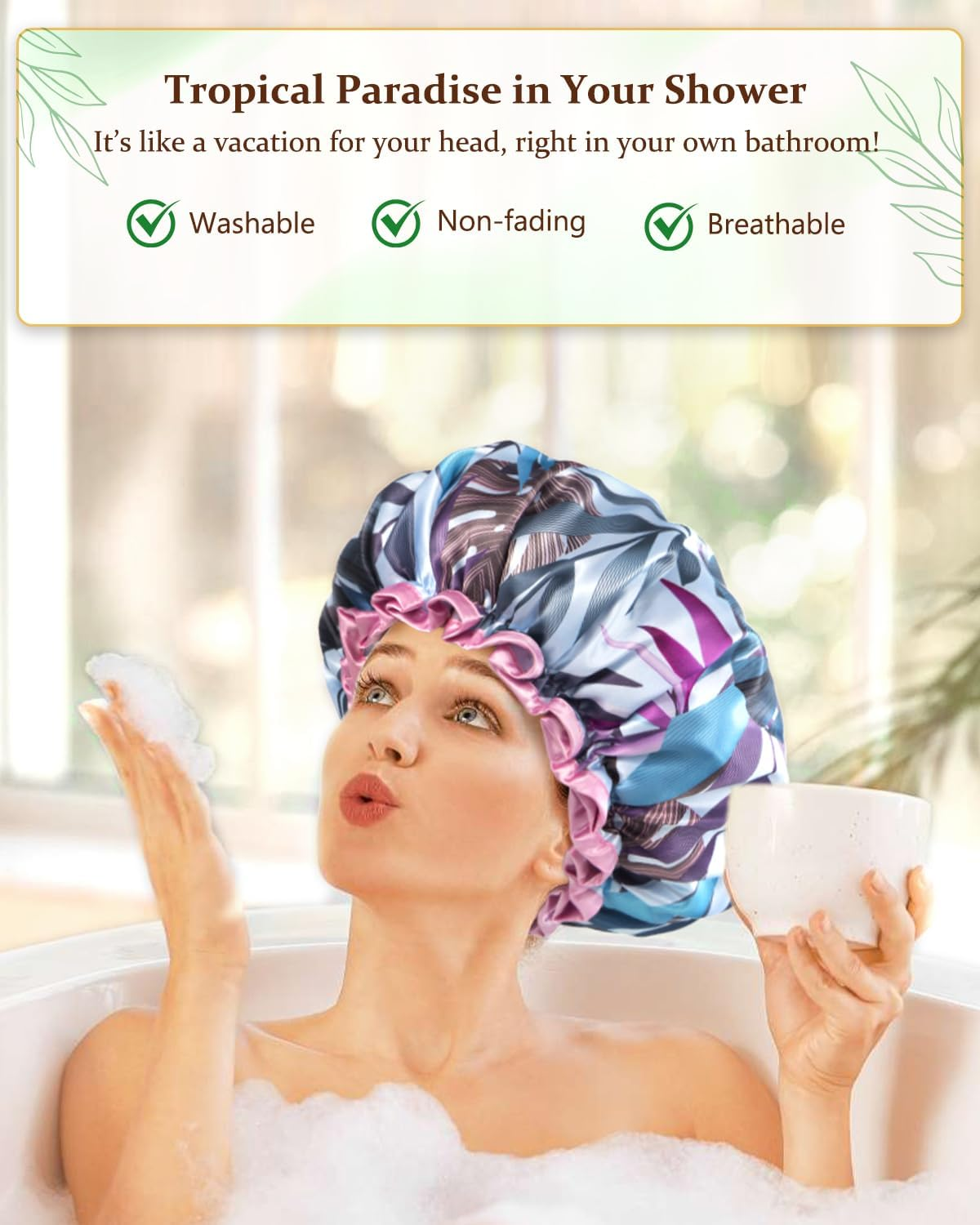 Mikimini Large Shower Cap for Women Reusable Waterproof, Hair Cap for Shower with Double Layers, Tropic Style Hair Cover with Elastic Band for Shower Suit for Meidum Hair, Braids, Meidum image number 4