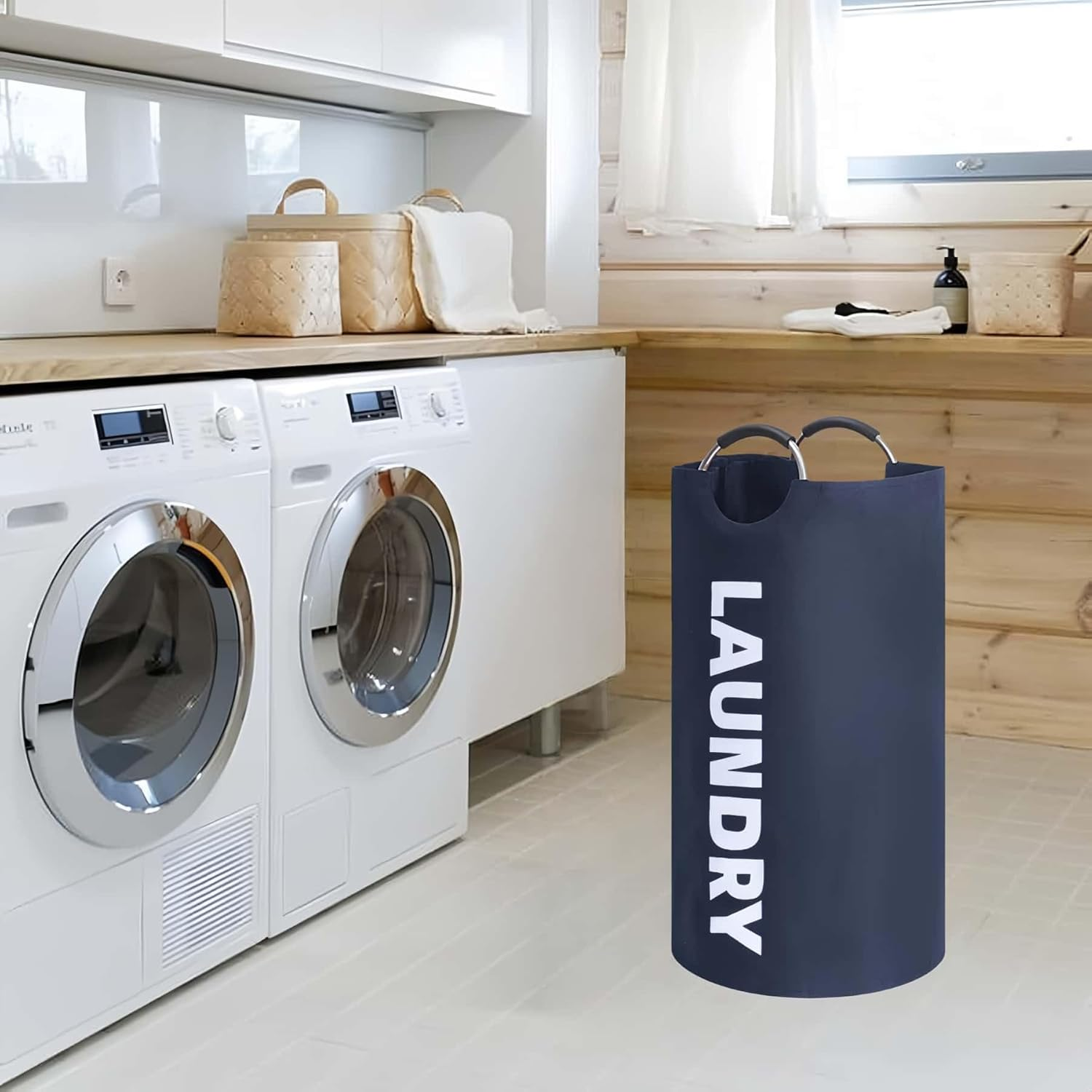 ARREBOL 90L Large Waterproof Laundry Basket & Bag, Collapsible Tall Freestanding Clothes Hamper with Aluminum Handles for College, Dorm, Family image number 6