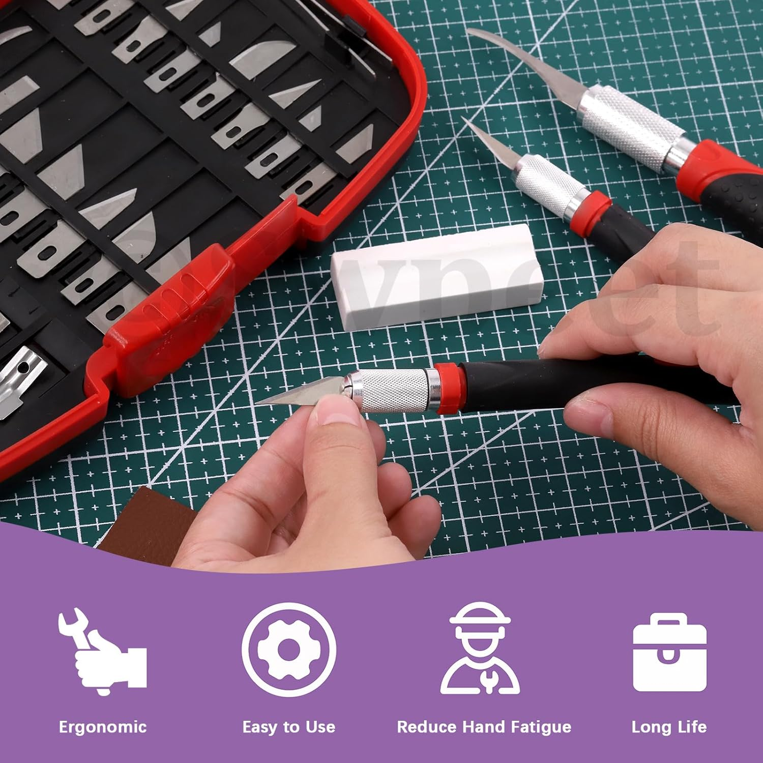 Swpeet 30Pcs Craft Knife, Red Precision Cutter Hobby Knife Blades Set Contains #1#2#4#7#10#11#12#17#19#20 Blades, Hook/Pointed Blades, U/V Gouge, Knife Handle, Needle, Sandstone, Tweezer for Art Work image number 3