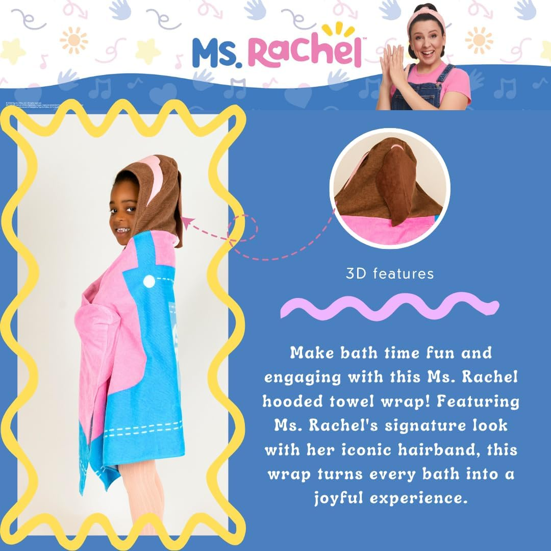 Franco Ms. Rachel Kids Super Soft Bath/Pool/Beach Soft Cotton Terry Hooded Towel Wrap, 24 in X 50 In, (Officially Licensed Product) image number 4