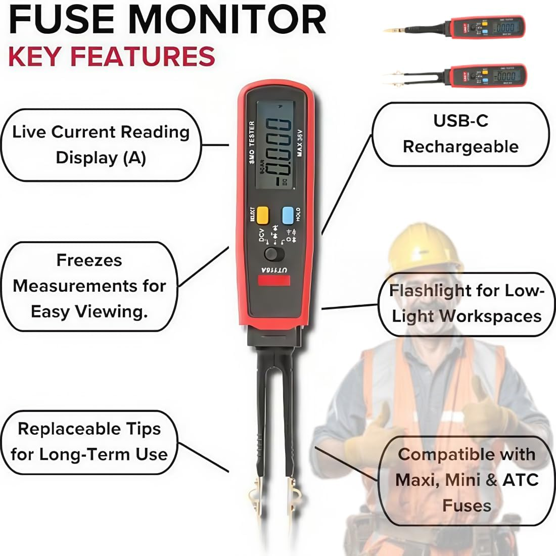 Parasitic Draw Fuse Tester Automotive, Car Circuit Tester Monitor Accessories, Fuse Monitor, Maxi & ATC Fuses Live Current Readings, Replaceable Tips and Built-In Flashlight (2PC) - 1Pc image number 6