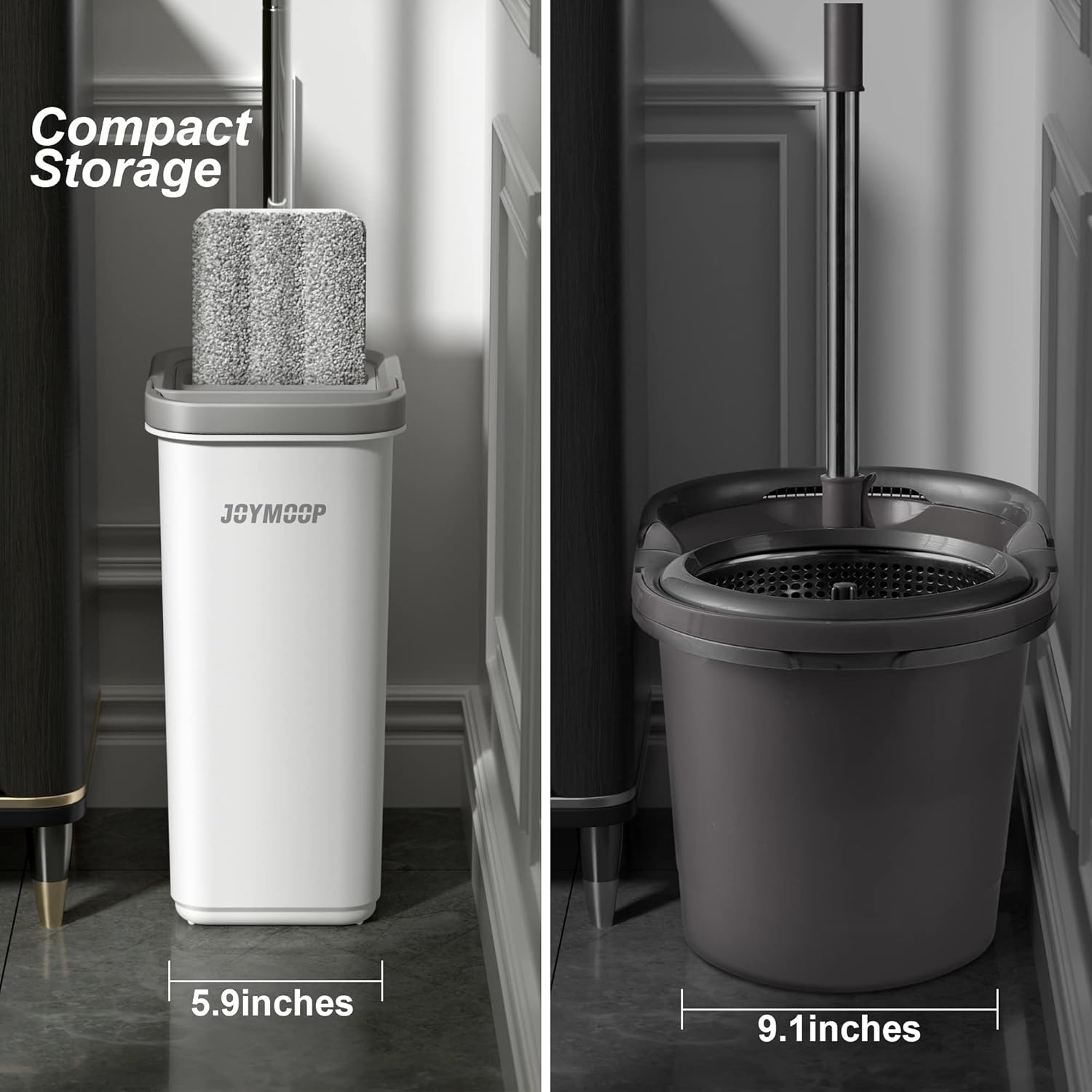 JOYMOOP Mop and Bucket Set, White Flat Mop and Bucket with Wringer Set for Home Floor Cleaning, Microfiber Mopper with Flat Head with 5 Microfiber Cloths image number 6