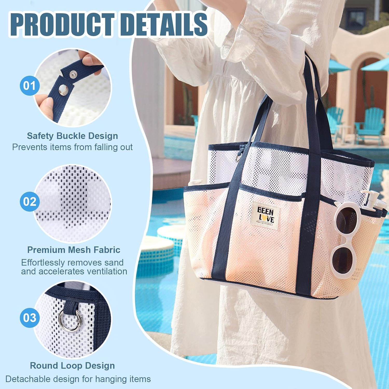 NHEWMAS Mesh Beach Bag Swimming Bag - Large Beach Tote Bag & Clutch Bag Set for Family Pool for Swimwear Sunglasses Toys and Vacation Essentials (Light Pink) image number 5