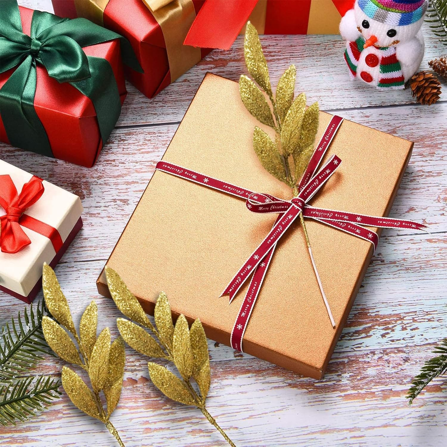 24 Pcs Artificial Glitter Gold Leaves, 13" Glittered Christmas Gold Flowers Leaf Sprays for Christmas Tree Picks, Wreaths, Table Decorations image number 3