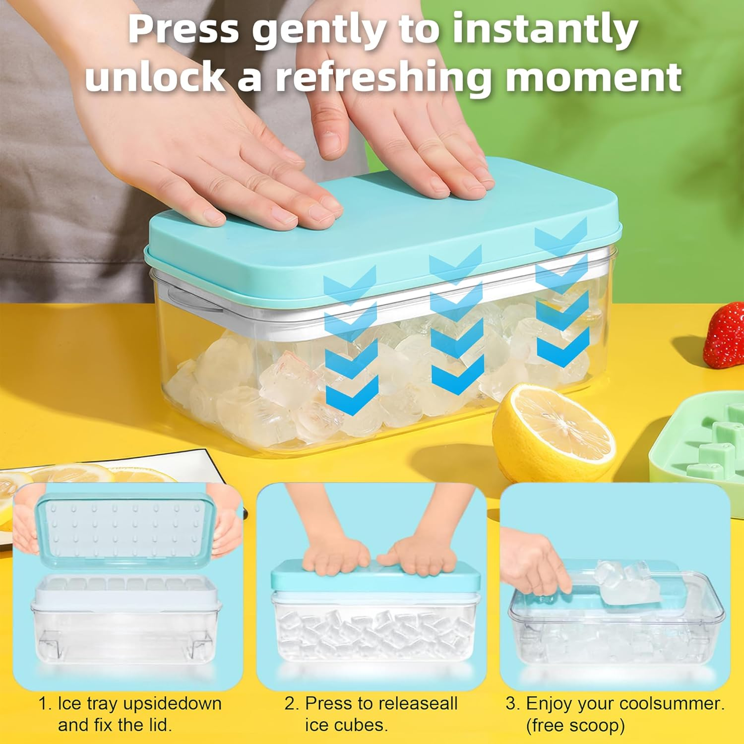 64 Cavity Ice Tray Set - Pop-Up Silicone Molds with Lids and Storage Bins, Bpa-Free Food-Grade Silicone, Including Spoon and Press Plate, Great for Parties, Get-Togethers and DIY Fun image number 5