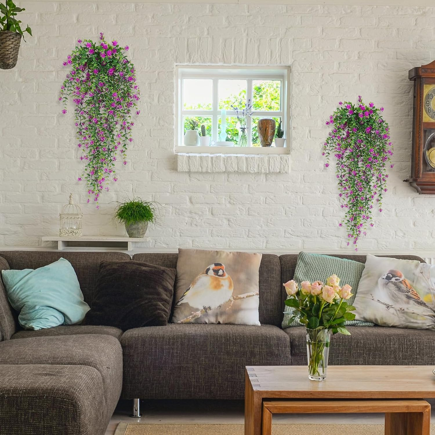 3Pcs Artificial Fake Hanging Plants Simulated Faux Fern Outdoor UV Resistant Plastic Greenery Flowers Plant Vine for Decorations Home Room Wall Garden Courtyard Wedding Party Balcony Decor(Rose) image number 1