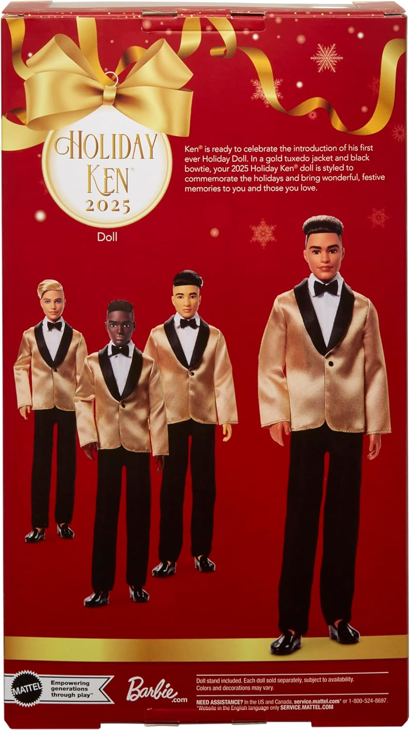 Barbie Signature 2025 Holiday Light Brown Hair Ken Collectible Fashion Doll Wearing Full Suit with Golden Jacket in Displayable Packaging & Doll Stand image number 1