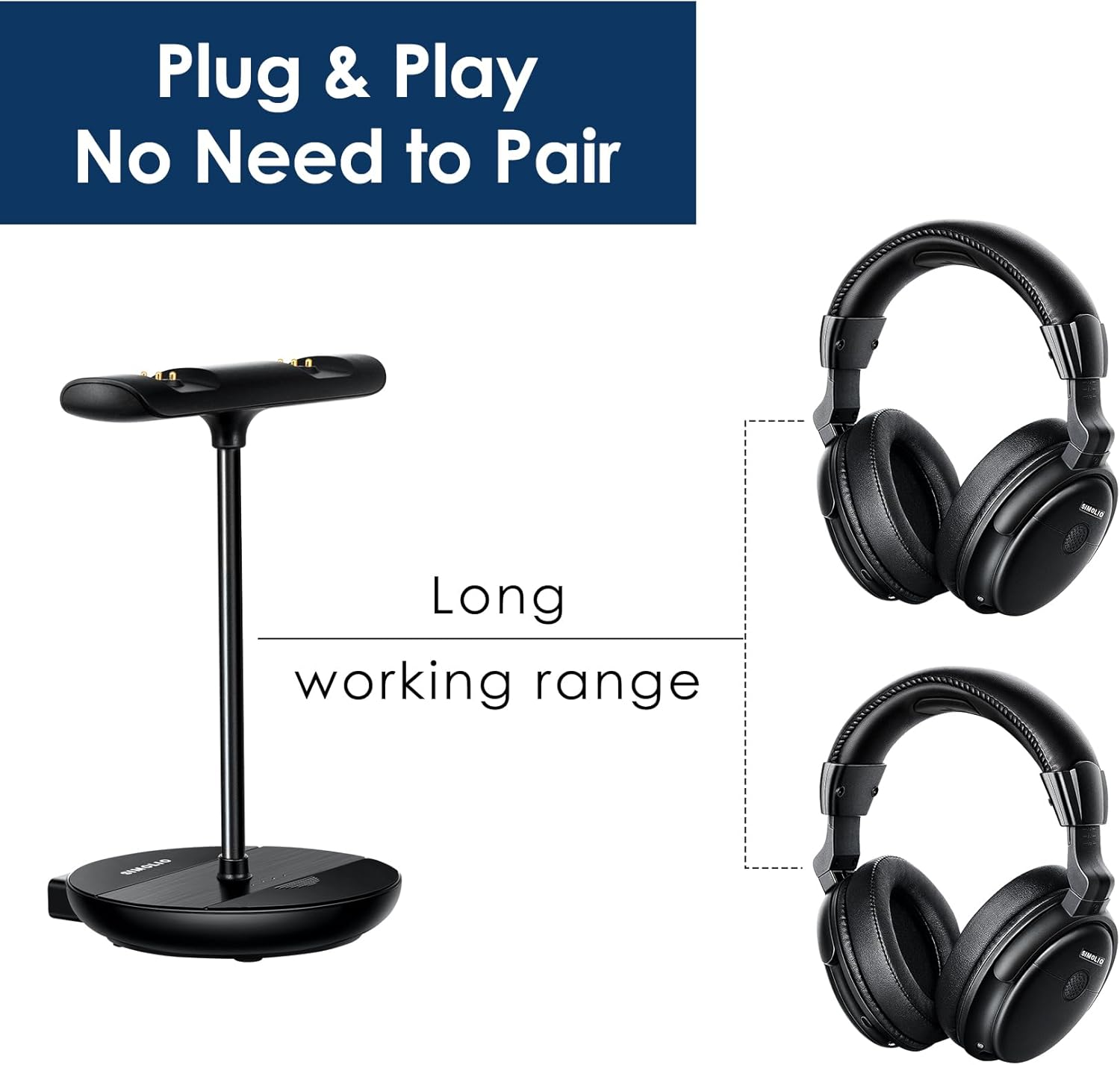 SIMOLIO Dual Wireless Headphones for TV with Transmitter Charging Station, Digital Wireless Headphones for Tvs with Clear Dialogue, Replacement Battery, Audio Bypass, 2.4G (No Bluetooth) TV Headphones image number 6