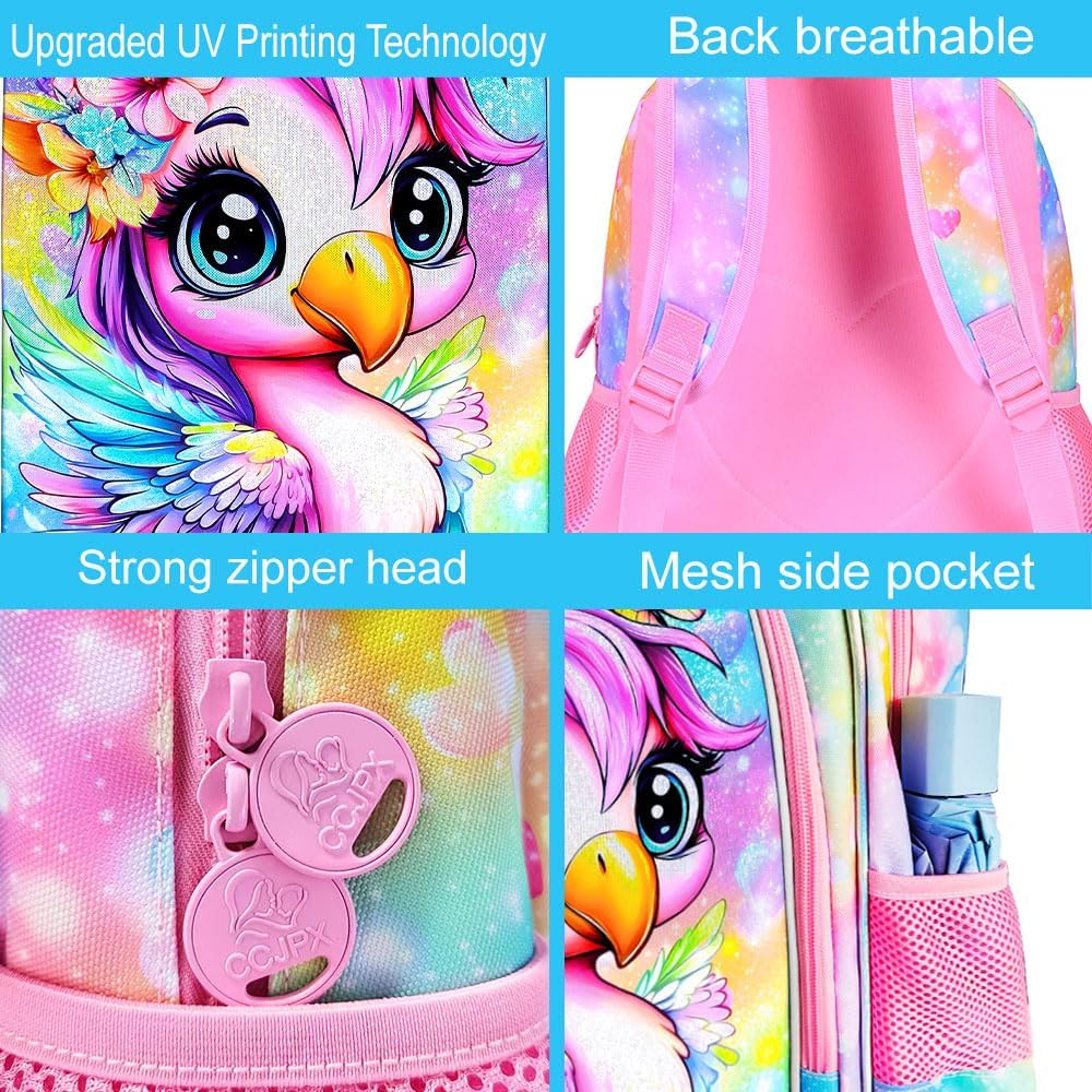ZLYERT 3Pcs Flamingos Backpack for Girls, 16" Kids School Backpacks with Lunch Box, Bookbag for Elementary Preschool Kindergarten (Pink) image number 4