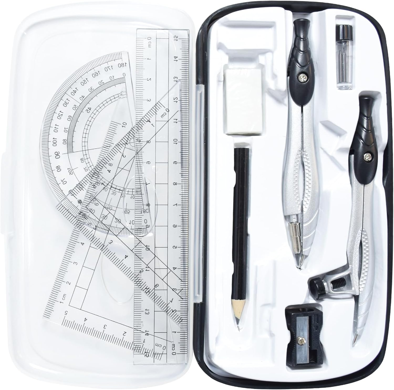 SAYEEC Geometry Set, 10 Pcs Math Protractor Compasses Kit with Ruler, Triangles, Eraser, Sharpener, Lead Refills, Pencil, Storage Box, Drafting Drawing Tools for Architects Engineers Artists Students image number 2