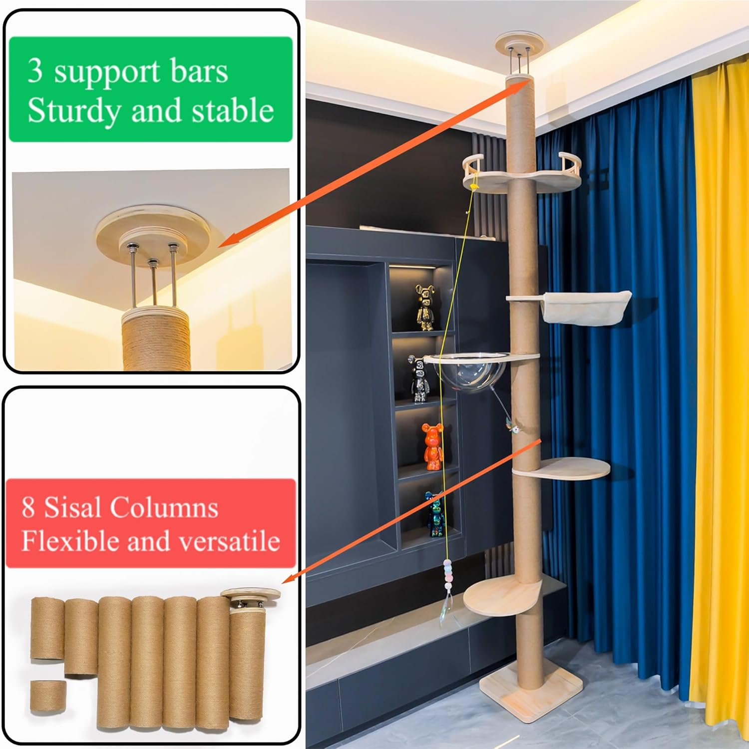 Cat Tree Floor to Ceiling Natural Sisal Rope Scratching Post Height:55.52-118.5 Inches Adjustable Cat Tree Cat Modern Activity Tree (55 * 120In)