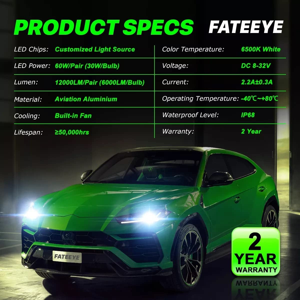 F2 Series H7 LED Headlight Light Bulbs Replace Halogen 60W 12000LM image number 2