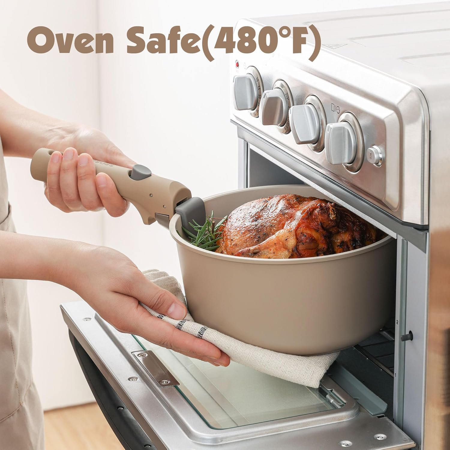 SENSARTE 17 Piece Ceramic Pots and Pans Set, Nonstick Detachable Handle Cookware, Induction Kitchen Cookware Set with Removable Handle, Dishwasher ＆ Oven Safe, PFAS/PTFE/PFOA Free (Almond Beige)