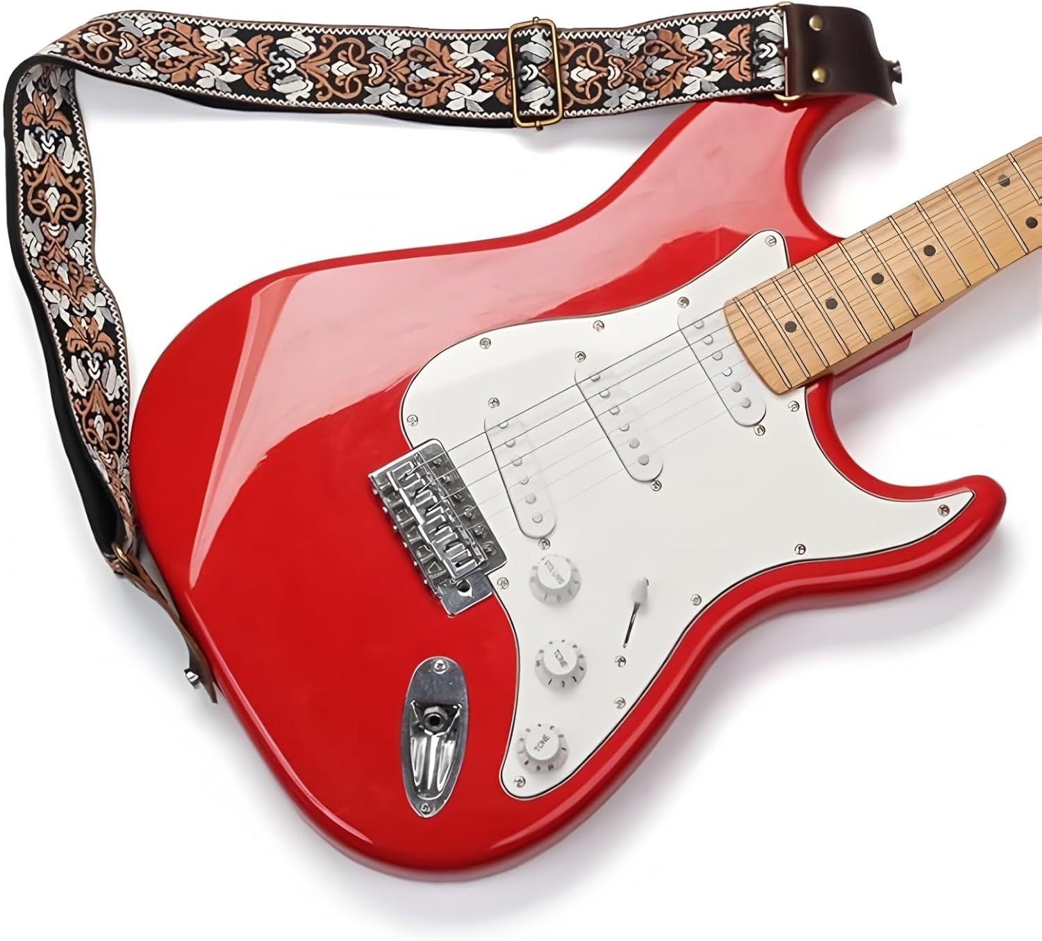 Leather Guitar Strap with Cotton Jacquard Embroidery - Adjustable for Bass/Electric/Acoustic Guitar, Padded Shoulder Support, Includes Strap Locks & Picks image number 5