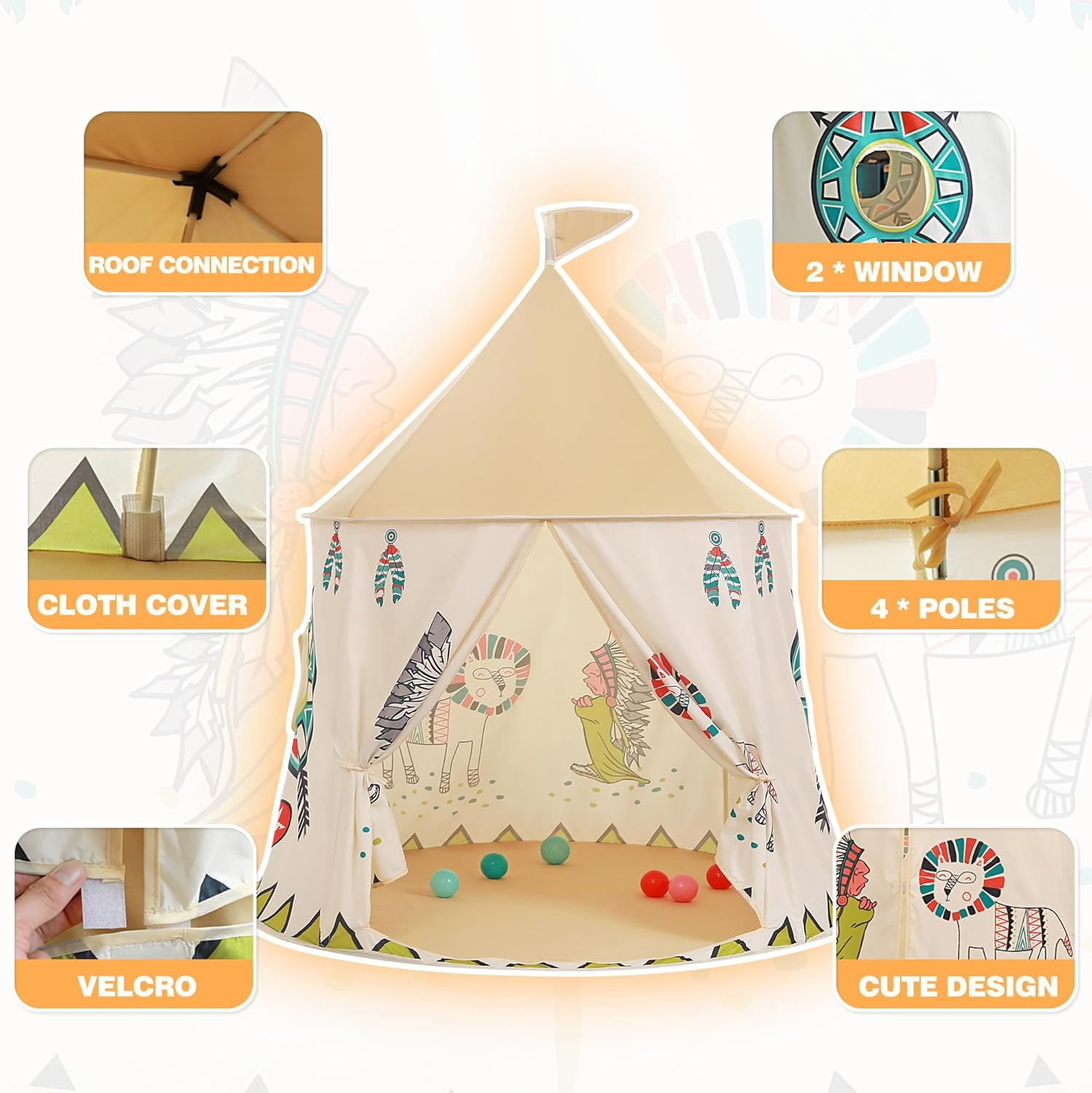 Kids Play Tent Pop-Up Indian Tent Tipi Princess Prince Castle Play Tent EN71 ASTM Certified Indoor Outdoor Portable Playhouse Boys & Girls Birthday Gift image number 1