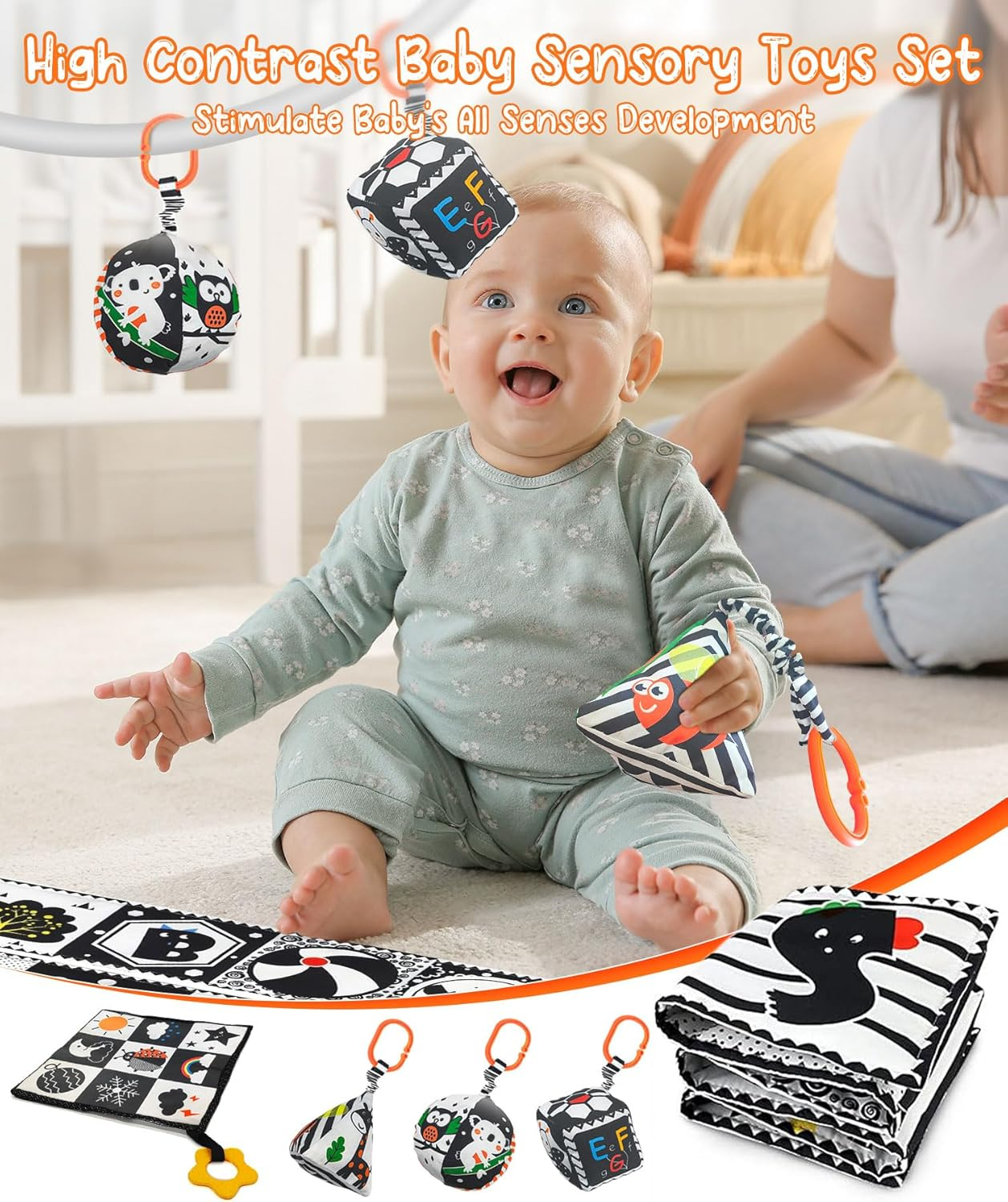 Newborn Toys - 5 Pcs Black and White High Contrast Baby Toys 0-3 Months, Babies Sensory Soft Book, Infant Tummy Time Toys 0 6 9 Months Baby Gifts - Baby Brain Development Essentials image number 4
