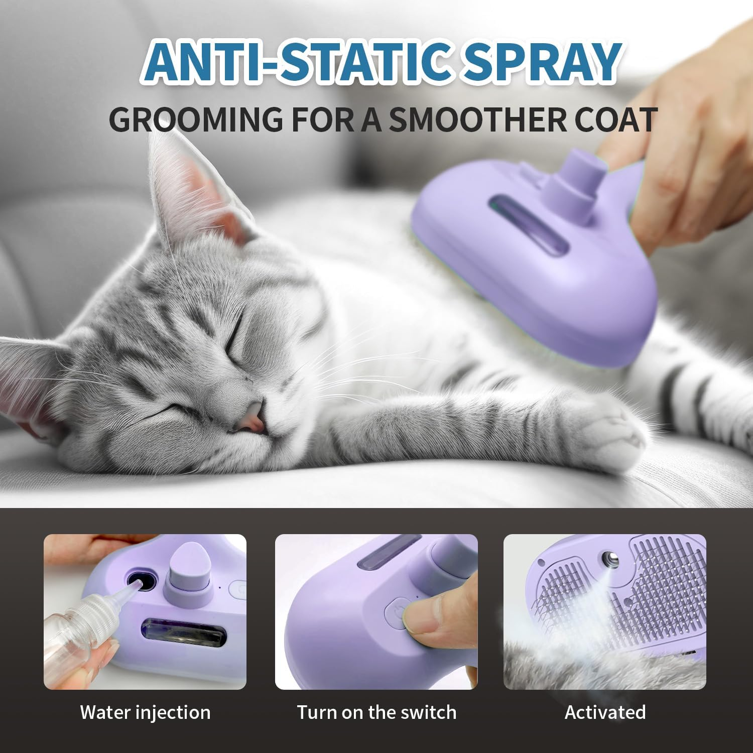 Herokitty Spray Cat Brush for Shedding, Steamy Cats Brush Remove Static Flying Hair Self Cleaning Dogs Brush for Long and Short Hair Pets Grooming Brush Remove Tangled and Loose Hair (Purple)