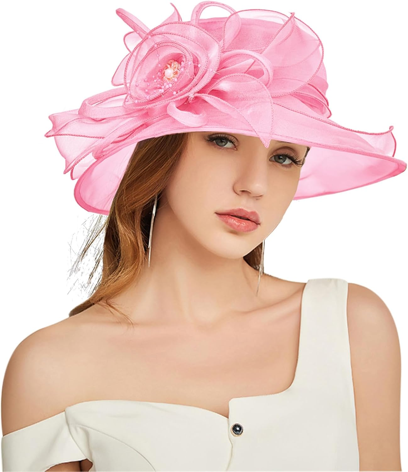 TLMNU Organza Fascinator Hat - Women&iexcl;&macr;S Wide Brim Church Bridal Tea Party Wedding Hat - 01-Yellow image number 7