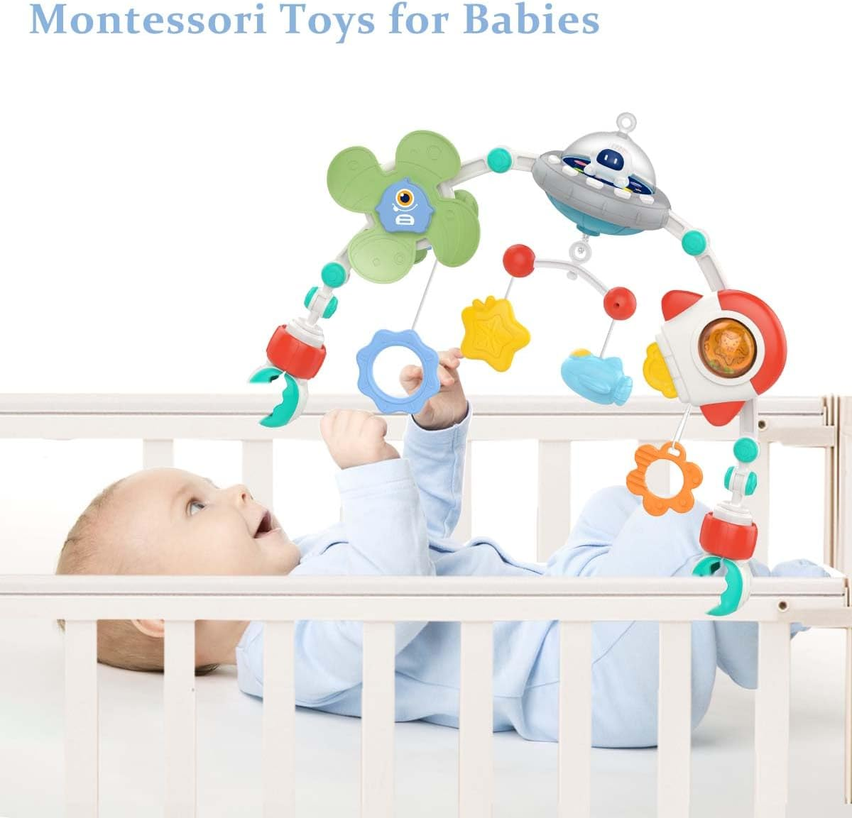 Baby Stroller Arch Toy, Adjustable Car Seat Toys with Musical and Projector for Infants 0-12 Months Babies, Montessori Sensory Rotating Space Rocket Crib Bassinet Travel Gift Toys image number 2