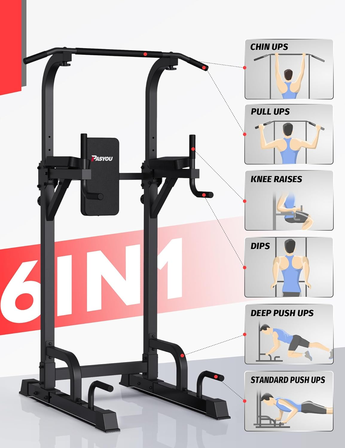 PASYOU Power Tower Pull up Bar Stand 9 Levels Adjust Workout Dip Station for Home Gym Strength Training Equipment Max Load 300KG image number 2