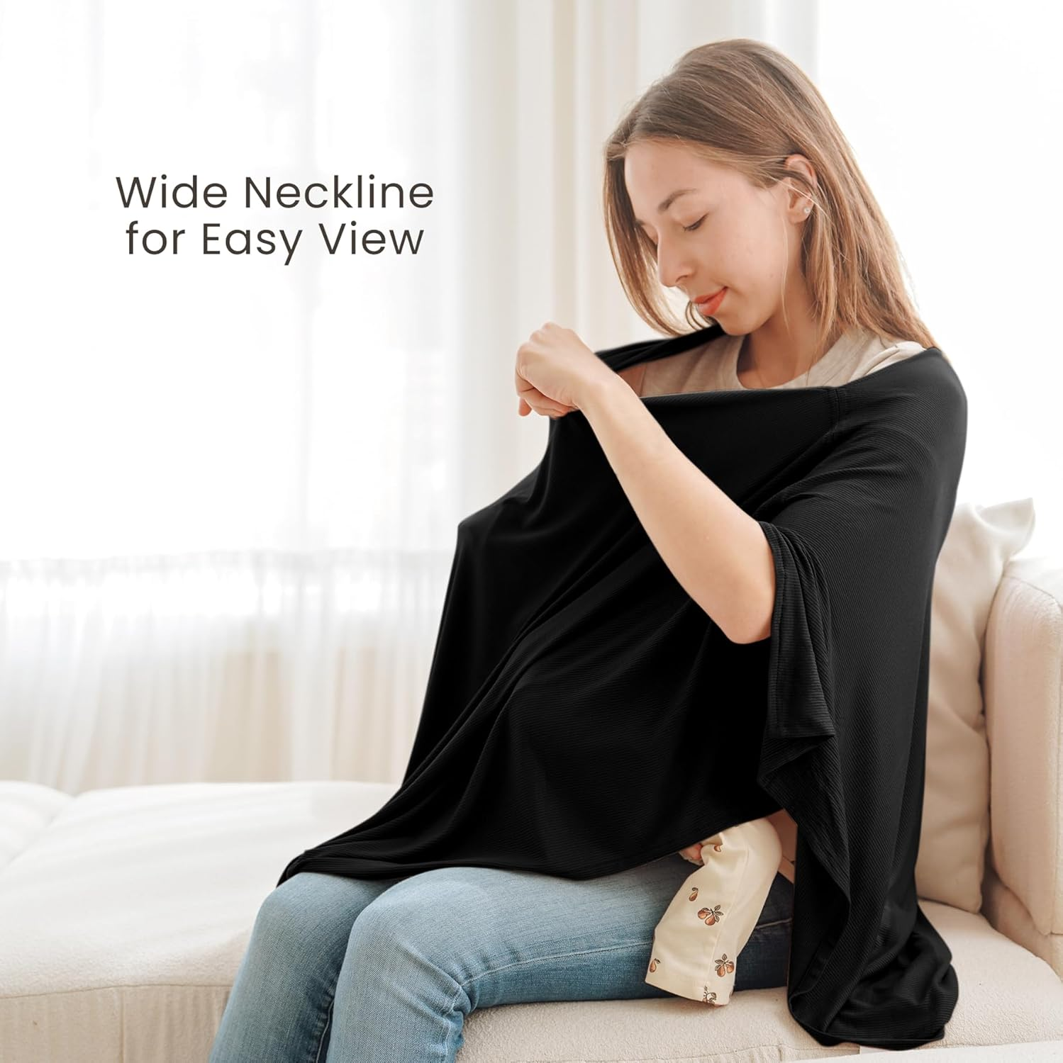 Konssy Knit Nursing Cover for Breastfeeding, 360&deg; Full Privacy Breathable Breastfeeding Cover, Multi-Use Carseat Canopy(Black) - Blush Beige image number 4